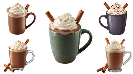 Festive christmas set of hot chocolate mugs with whipped cream and cinnamon cozy kitchen beverage photography holiday vibes