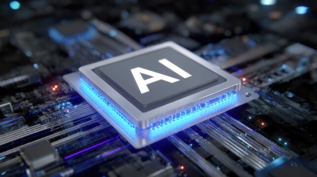 AI Chip Technology: A close-up view of an AI chip with a glowing interface, set against a backdrop of an intricate circuit board, illustrating the power of artificial intelligence. - Powered by Adobe