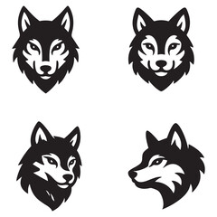 Fototapeta premium Wolf Head Logo Set – Minimal Black Wolf Mascot Icons, Modern Monochrome Vector Illustration