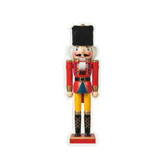 A festive Christmas nutcracker soldier stands proudly on a red base wearing a red and yellow uniform