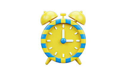 Yellow Alarm Clock Showing 3 O'Clock on White Background