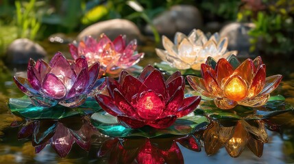 Floating Water Lilies Glowing with Warm Light on Pond Reflecting Flowers and Greenery Backlit by Sun Dappled Nature