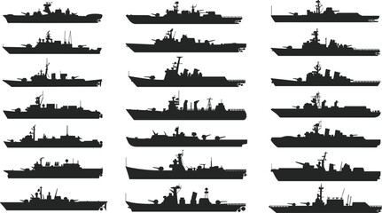 Collection of Warship Silhouettes in Profile View on White Background Keywords: warship, warships, navy, military, ship, ships © MDBENJIR