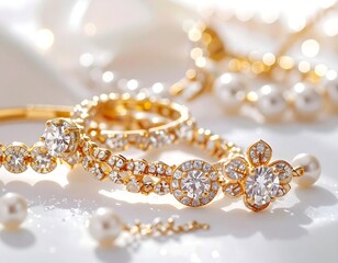 Obraz premium Close-up view of elegant jewelry on white reflective surface