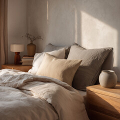 hotel room with bed, minimal bedroom interior, natural linen bedding bedroom, cozy modern bedroom decor
