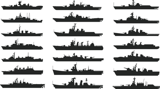 Collection of Warship Silhouettes in Profile View on White Background Keywords: warship, warships, navy, military, ship, ships