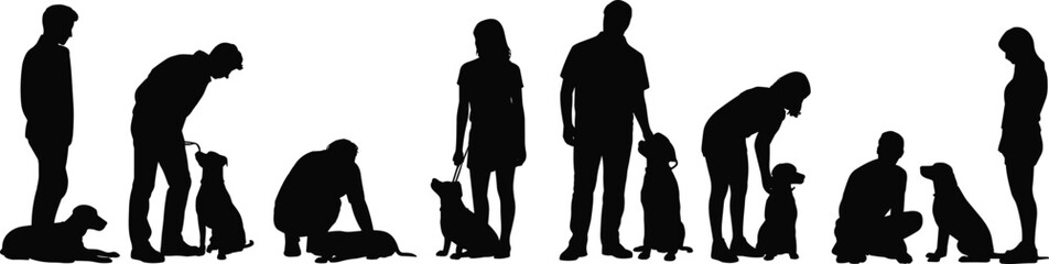 Silhouettes of people interacting with dogs in various poses showing companionship, training, bonding, and pet care moments