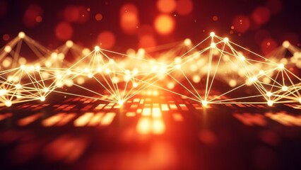 Abstract glowing network of connected nodes and lines against a vibrant warm red and orange bokeh background