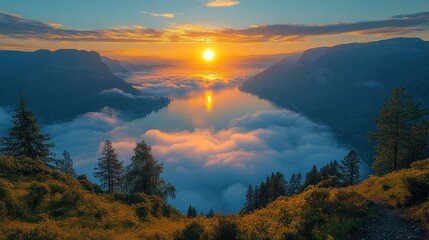 A tranquil morning view of a lake filled with fog, with sunrise behind the mountain.