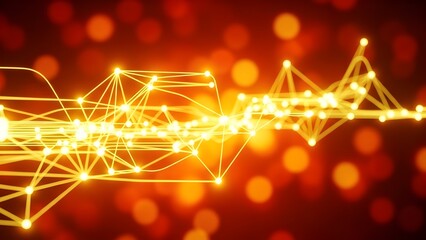 Abstract glowing network of connected nodes pulses with bright yellow light against a warm orange bokeh background