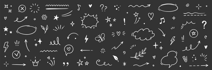 Line sketch element star, arrow, heart design icons on chalkboard. Hand drawn sketch doodle cute star, heart, flower element. Line text decoration scribble decoration. Hand drawn Vector illustration