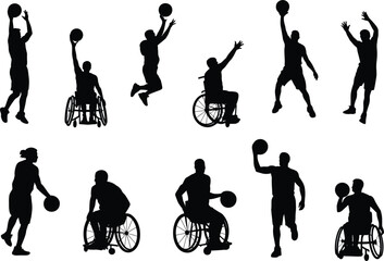 Diverse group of basketball players including wheelchair athletes in silhouette on white wheelchair basketball © MDBENJIR
