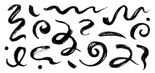 Chinese brush strokes swirl, line curve, calligraphy paint spiral elements. Hand drawn chinese ink brush paint stroke swish, swoosh wave doodles. Grunge texture abstract line. Vector illustration