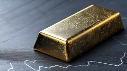 Opulent gold bullion bar dramatically resting on an upward trending financial chart line.