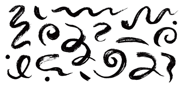 Chinese brush strokes swirl, line curve, calligraphy paint spiral elements. Hand drawn chinese ink brush paint stroke swish, swoosh wave doodles. Grunge texture abstract line. Vector illustration