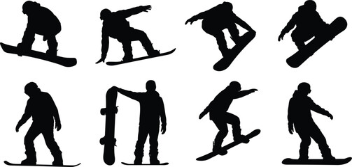 Dynamic Silhouettes of Snowboarders Performing Tricks on White Background snowboarding winter sport © MDBENJIR