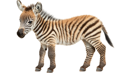 Young zebra foal walking calmly to side
