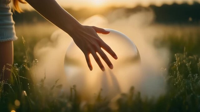 A hand reaches toward a misty bubble in golden grasslight, sunset warmth glowing through fragile magic&hellip;