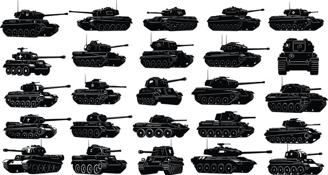 Set of military tank silhouettes, vector army war machine collection, black armored vehicle icons, isolated transportation on white background for game design