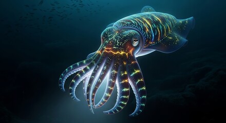 Giant squid swimming in the deep ocean with long tentacles and massive body. A mysterious deep-sea cephalopod known for its size, intelligence, and elusive nature.