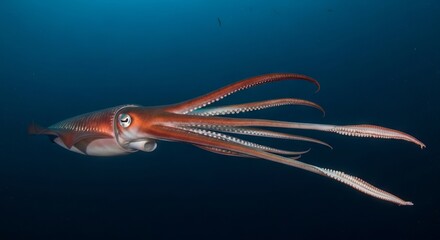 Giant squid swimming in the deep ocean with long tentacles and massive body. A mysterious deep-sea cephalopod known for its size, intelligence, and elusive nature.