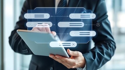 A businessman uses a tablet to communicate with a futuristic ai chatbot. - Powered by Adobe