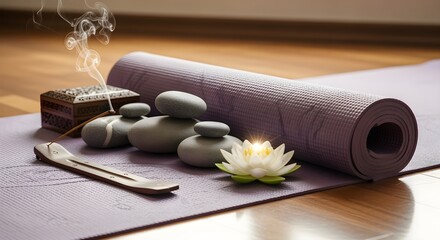 A yoga mat with incense and smooth stones.