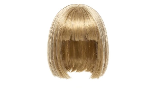 Vibrant blonde bob wig with sleek, short hair and trendy bangs, a stylish hairpiece accessory for fashion, costume, or beauty transformation, isolated on a white background