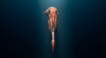 Giant squid swimming in the deep ocean with long tentacles and massive body. A mysterious deep-sea cephalopod known for its size, intelligence, and elusive nature.