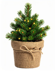 Small potted evergreen tree with golden fairy lights and burlap wrap festive decoration