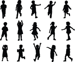 Fototapeta premium Silhouettes of Children Running and Playing in Various Active Poses Keywords: children, silhouettes, running, playing, jumping