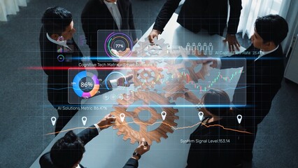 Group of business professionals engage in collaborative strategy meeting, utilizing digital tools and visual data to explore innovative solutions for business growth. Raster