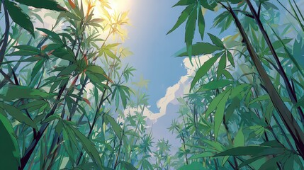 Lush Green Canopy with Sunlit Sky Pixel Art Style Low Angle View of Tropical Plants with Broad Leaves Against Bright Sky and Clouds Serene Nature Scene