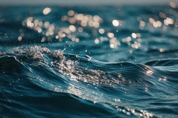 Ocean Surface with Glistening Sunlight Reflections Creates a Serene and Sparkling Water Landscape with a Shallow Depth of Field