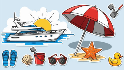 Summer Beach Vacation Objects and Yacht Illustration.