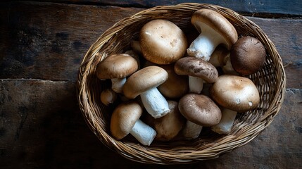 Overhead Shot of Fresh Brown Shiitake Mushrooms in Woven Basket on Dark Wood Surface with Dramatic Lighting