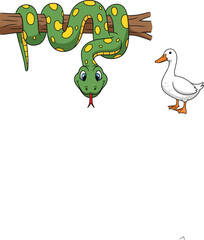 Cute Cartoon Snake Hanging on Tree Branch and Goose Character, Colorful Flat Vector Illustration for Kids Education, Animal Concepts, and Children Design