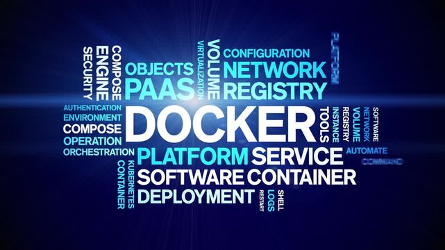 Docker animated word cloud-text design animation tag kinetic typography seamless loop.