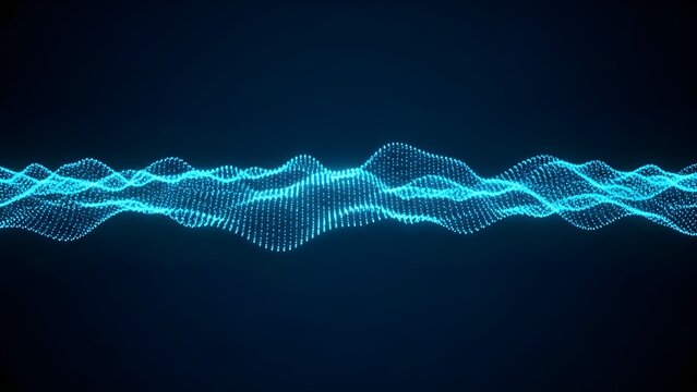 Abstract glowing blue digital wave pattern of interconnected particles moving across a dark background - Powered by Adobe