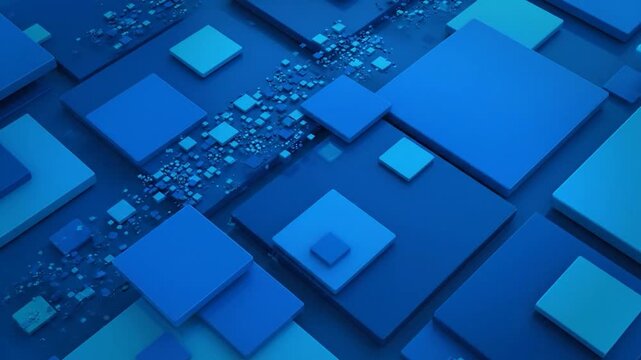 Abstract 3D landscape of blue squares and fragmenting cubes suggesting data