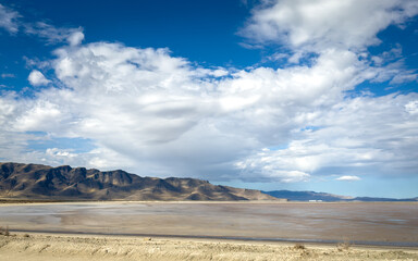 the Great Salt Lake with mountain, blue sky and mountain as background