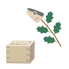 節分のイワシ飾りと豆のイラスト素材