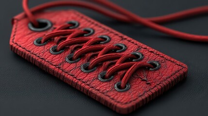 Red Leather Tag with Laced Cord Detailing Against a Black Background, Soft Lighting and Macro Focus