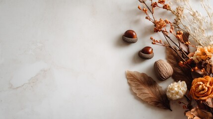 Obraz premium Minimal Thanksgiving holiday background, white surface, natural autumn elements, warm soft light 