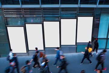 Obraz premium Blurred motion of people walking past blank digital billboards in a city street