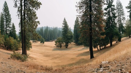Panoramic View of a Golden Meadow Surrounded by Evergreen Trees under a Hazy Sky in a Rural Landscape during Daylight