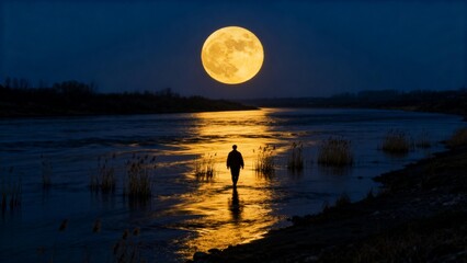 Person walking in river under full moon