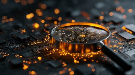A close-up view of a magnifying glass on top of a circuit board. The board has a complex arrangement with orange highlights