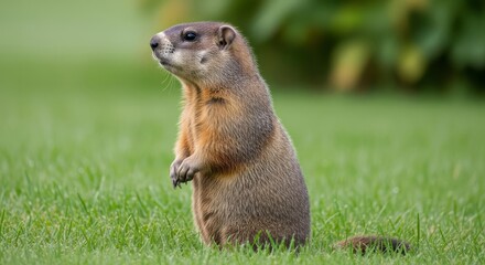 Groundhog standing alert near its burrow in a grassy field. A burrowing rodent known for predicting seasons, thick fur, and strong connection to nature and countryside life.