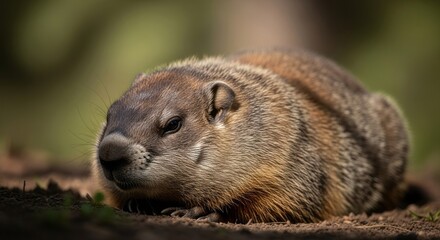 Groundhog standing alert near its burrow in a grassy field. A burrowing rodent known for predicting seasons, thick fur, and strong connection to nature and countryside life.